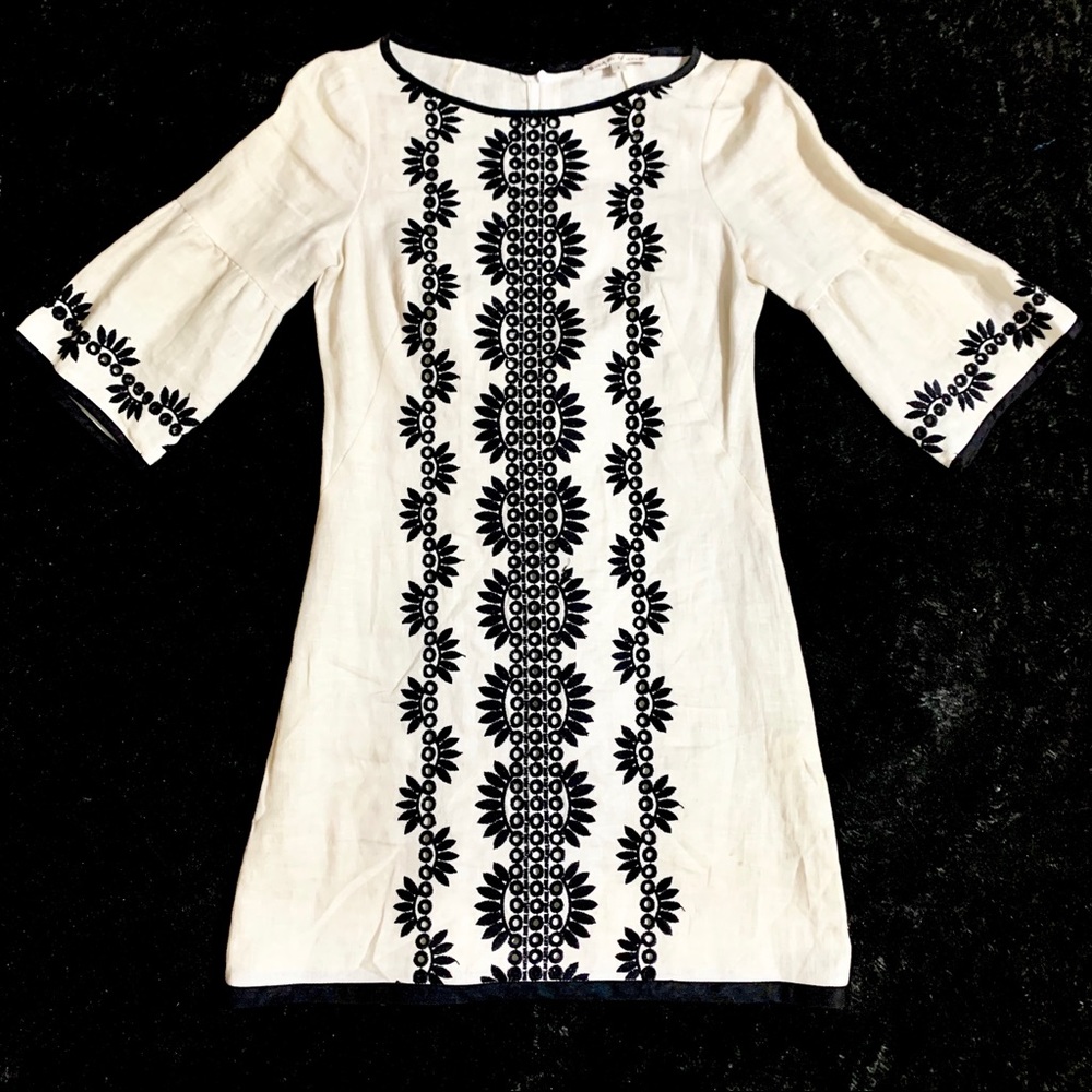 Nanette Lepore White Linen Dress Black Stitching